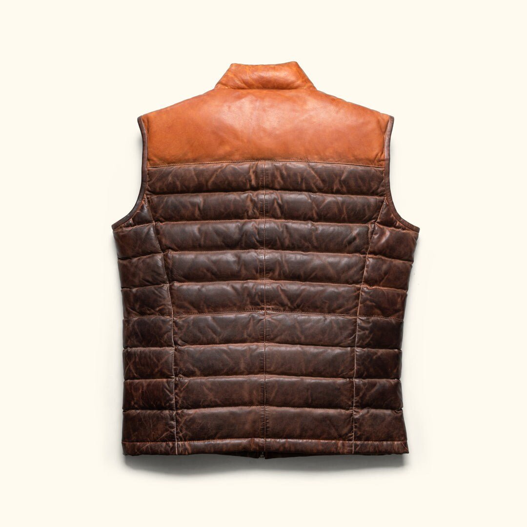 ◆DEINET◆ GLOSSY PADDING VEST IN BROWN KDCKD4WB211 Leather Down Vest | Tailored to Your Size | Tan | Brown