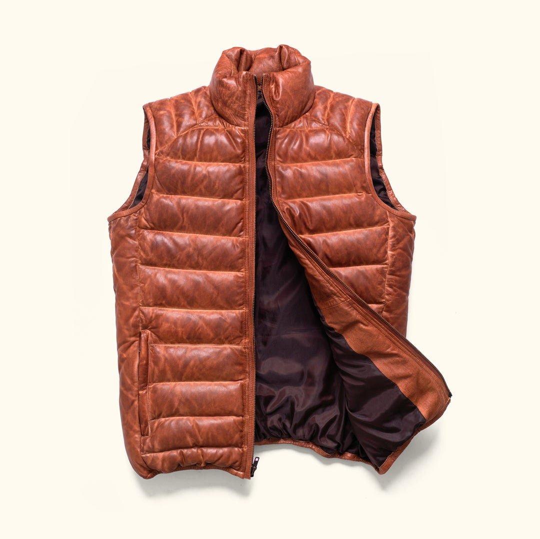 Leather Down Vest | Tailored to Your Size | Tan | Brown | Leather Vest |  Sheepskin | lambskin | Gifts For Men