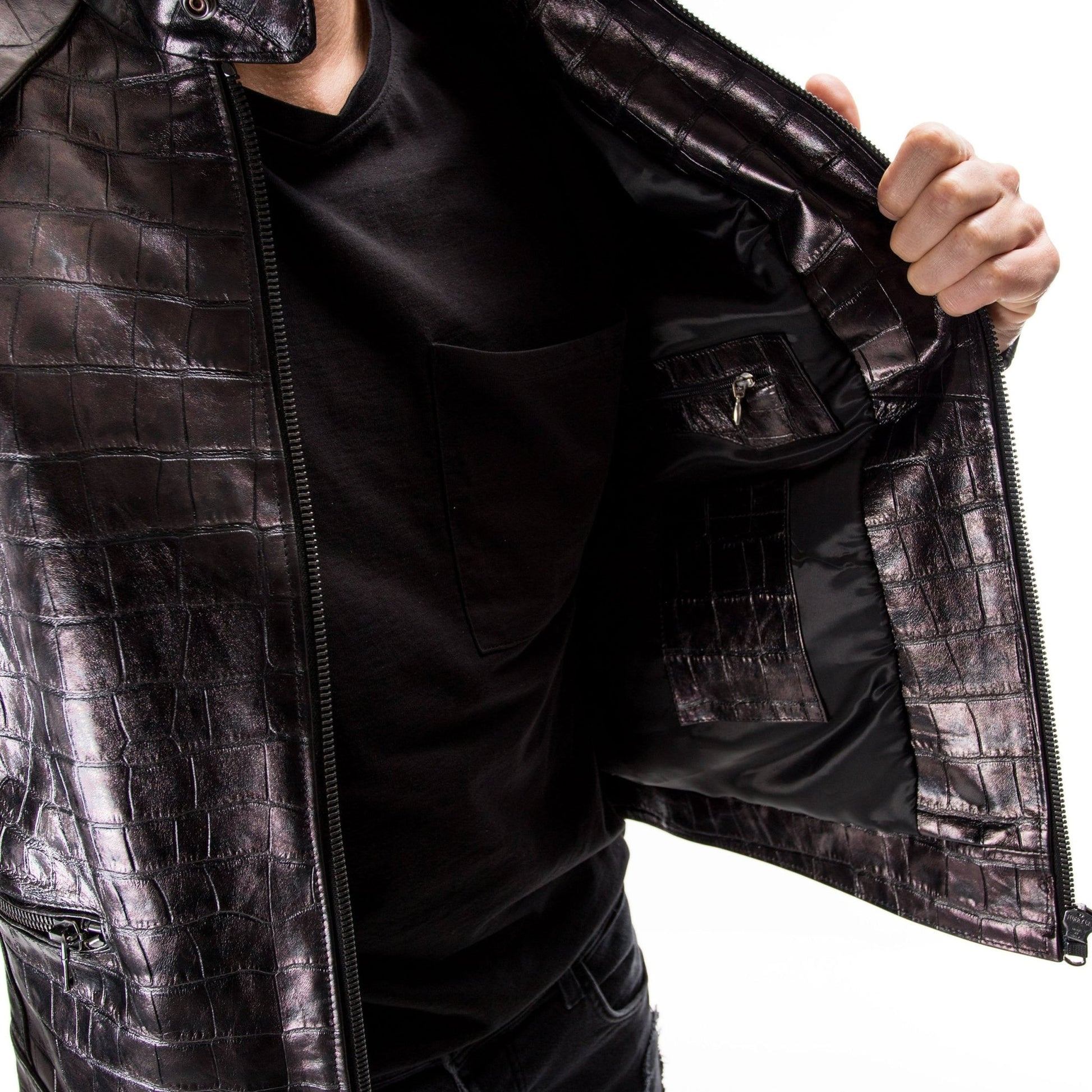 METALLIC PRINTED CROC LEATHER BIKER JACKET