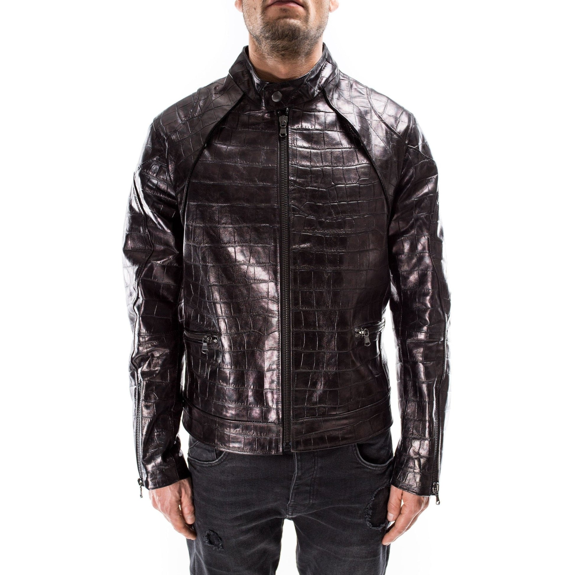 Men Black Alligator Crocodile Embossed on Lamskin Leather Biker Jacket Slim Fit  |  Leather Jacket | Tailored to Your Size |  99percenthandmade   