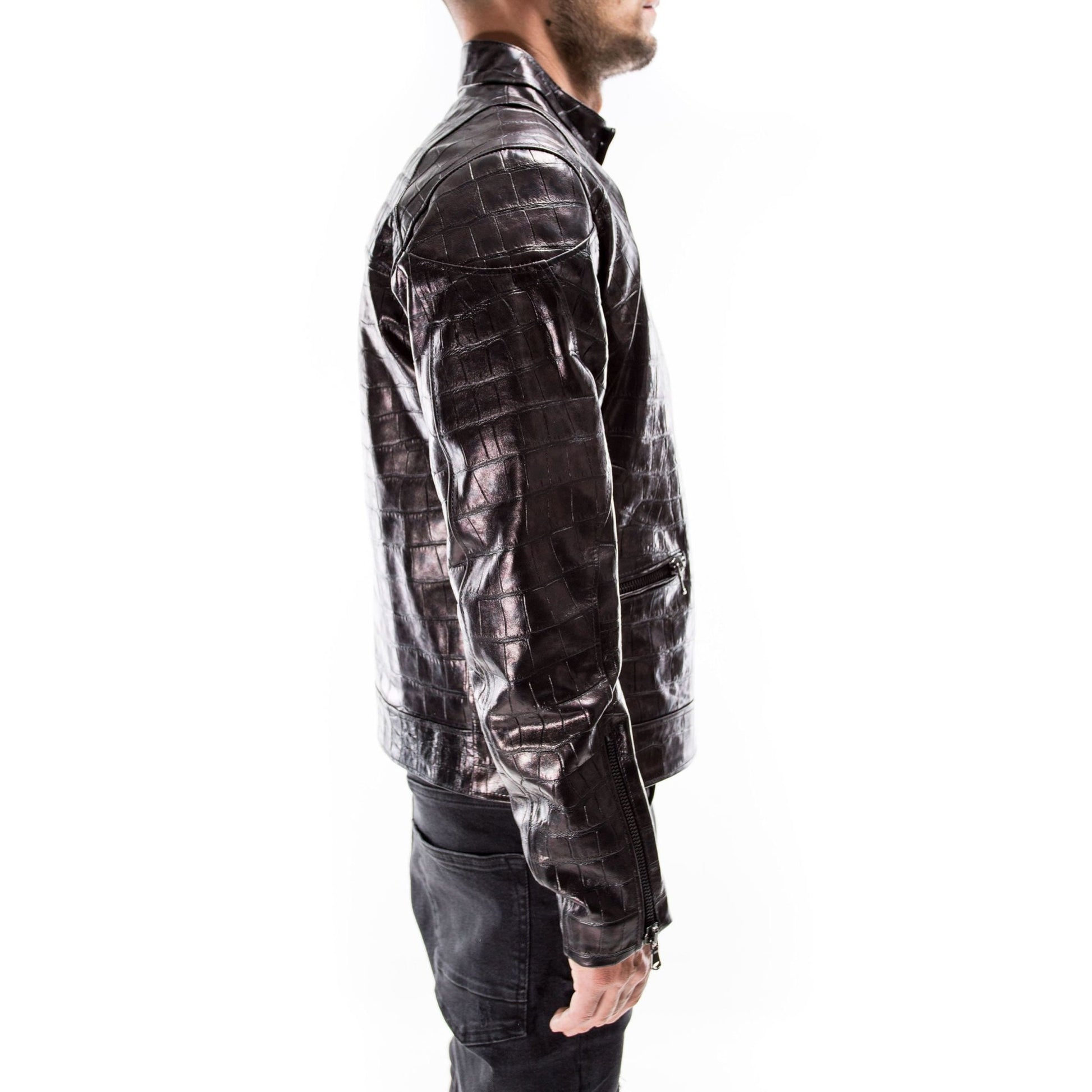 Men Black Alligator Crocodile Embossed on Lamskin Leather Biker Jacket Slim Fit  |  Leather Jacket | Tailored to Your Size |  99percenthandmade   