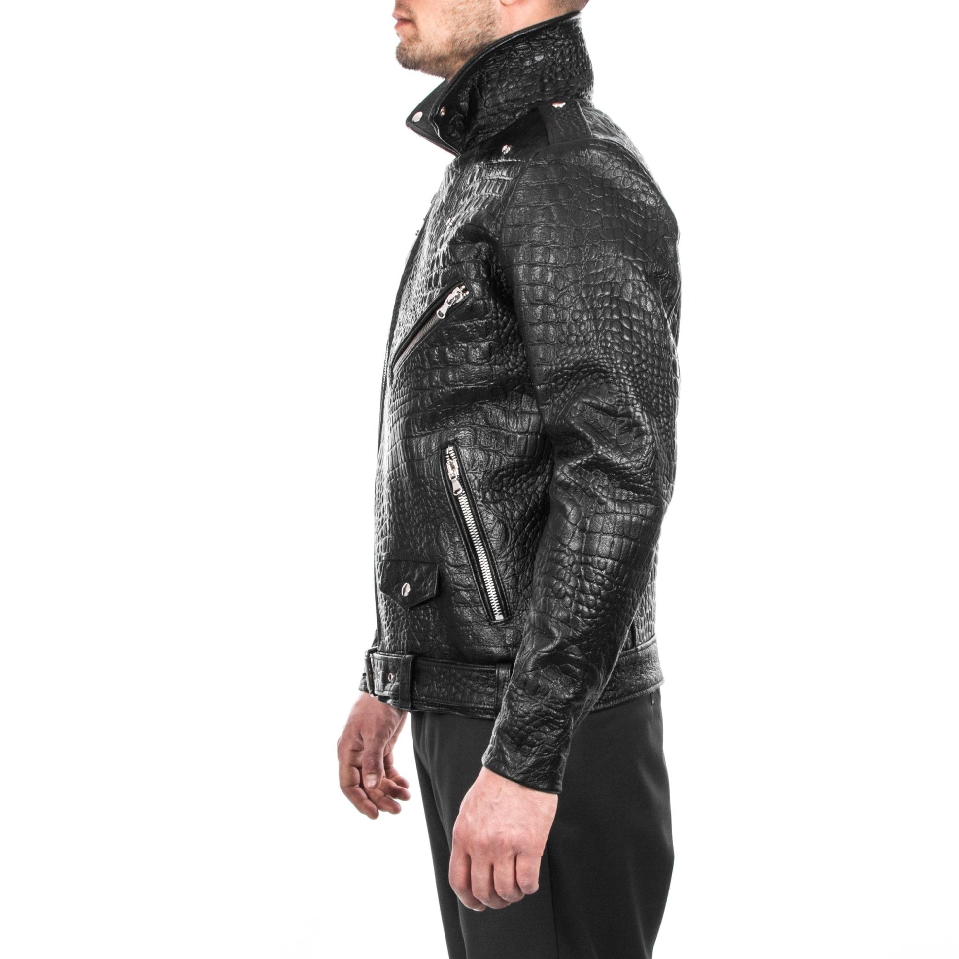 Men Black Crocodile Embossed on Lamskin Leather Biker Jacket Slim Fit  |  Leather Jacket | Tailored to Your Size |  99percenthandmade   