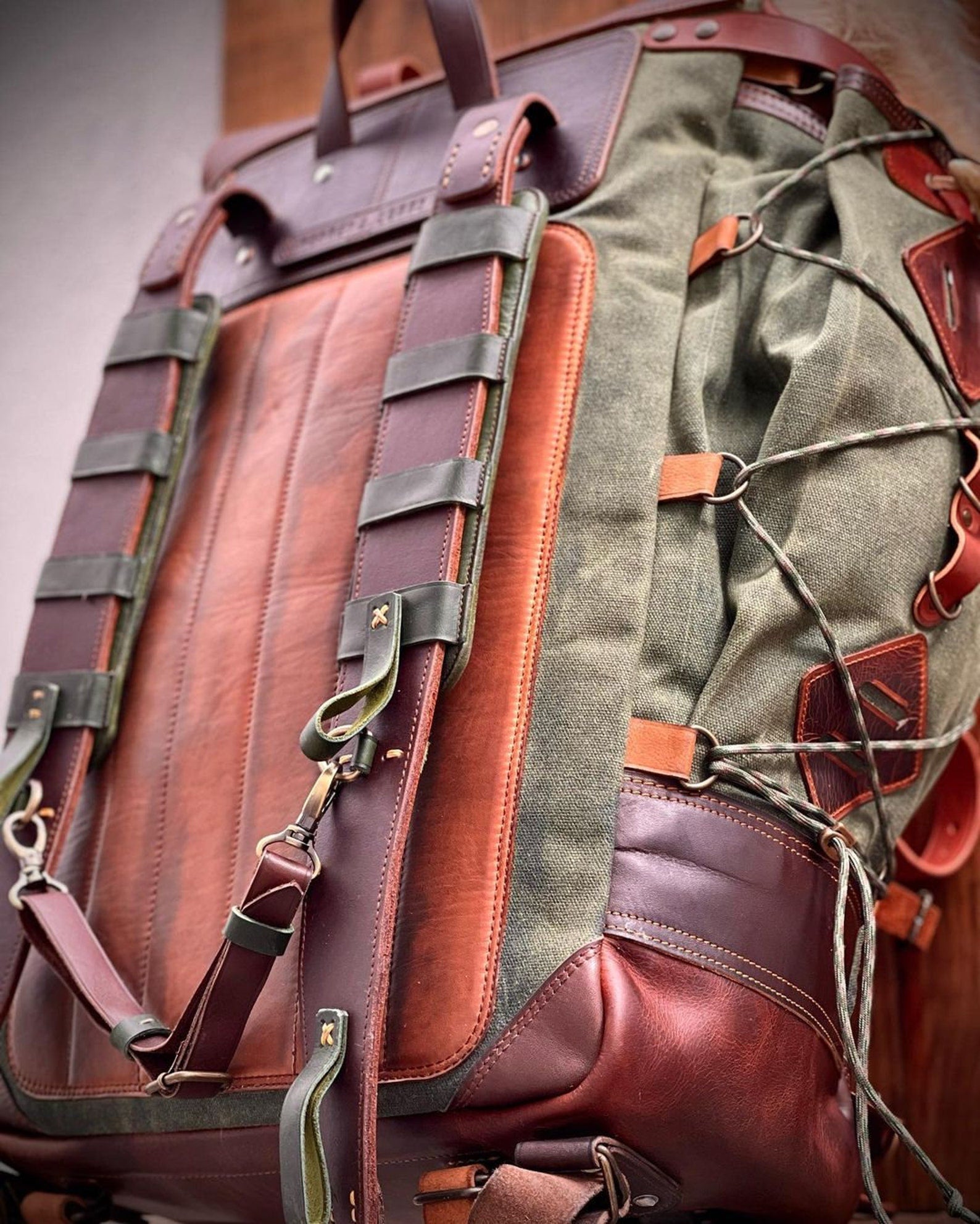 Model Name : Babylon Beige | Custom Leather-Canvas Backpack with Leather Flap, You can Redesign-Customize the item | 30 Liter to 80 Liter Options (Many variants Photos)) bushcraft - camping - hiking backpack 99percenthandmade   