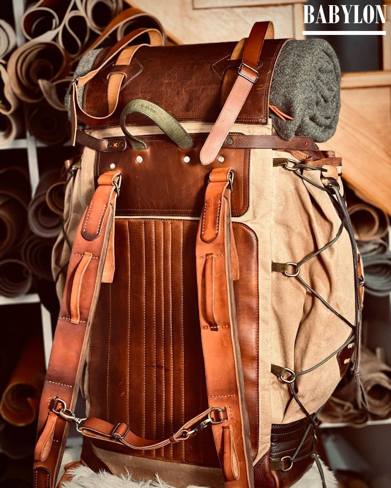 Model Name : Babylon Beige | Custom Leather-Canvas Backpack with Leather Flap, You can Redesign-Customize the item | 30 Liter to 80 Liter Options (Many variants Photos)) bushcraft - camping - hiking backpack 99percenthandmade   