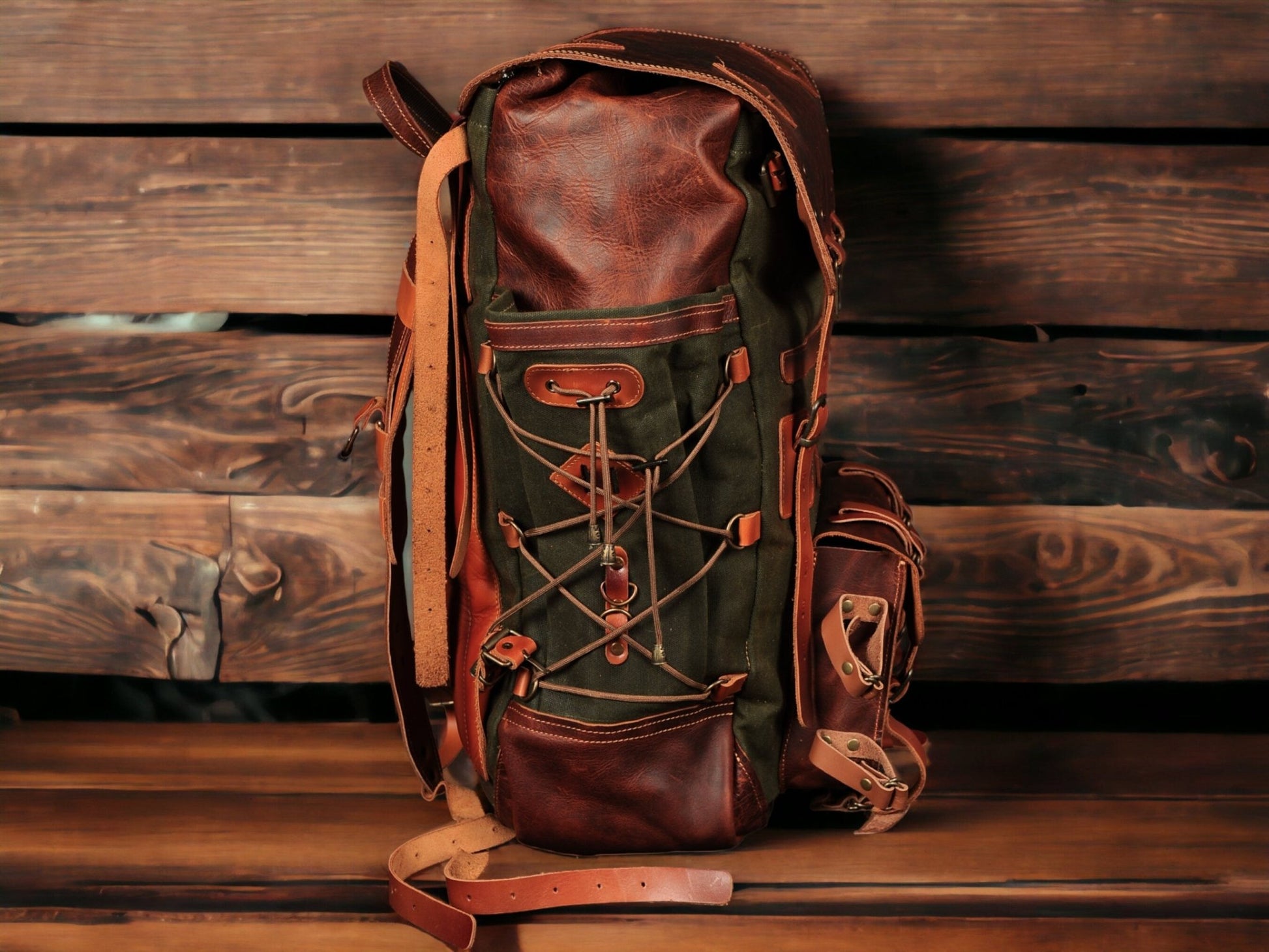 Model Name : Babylon Beige | Custom Leather-Canvas Backpack with Leather Flap, You can Redesign-Customize the item | 30 Liter to 80 Liter Options (Many variants Photos)) bushcraft - camping - hiking backpack 99percenthandmade   