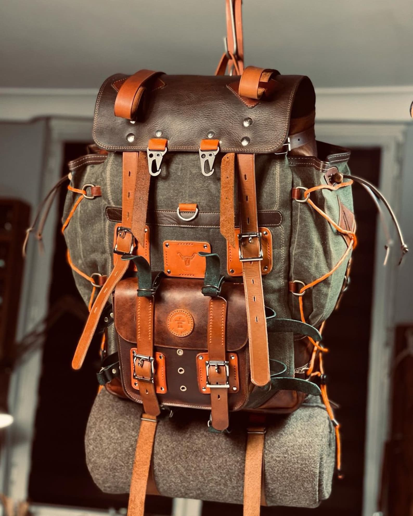 Model Name : Babylon Beige | Custom Leather-Canvas Backpack with Leather Flap, You can Redesign-Customize the item | 30 Liter to 80 Liter Options (Many variants Photos)) bushcraft - camping - hiking backpack 99percenthandmade   