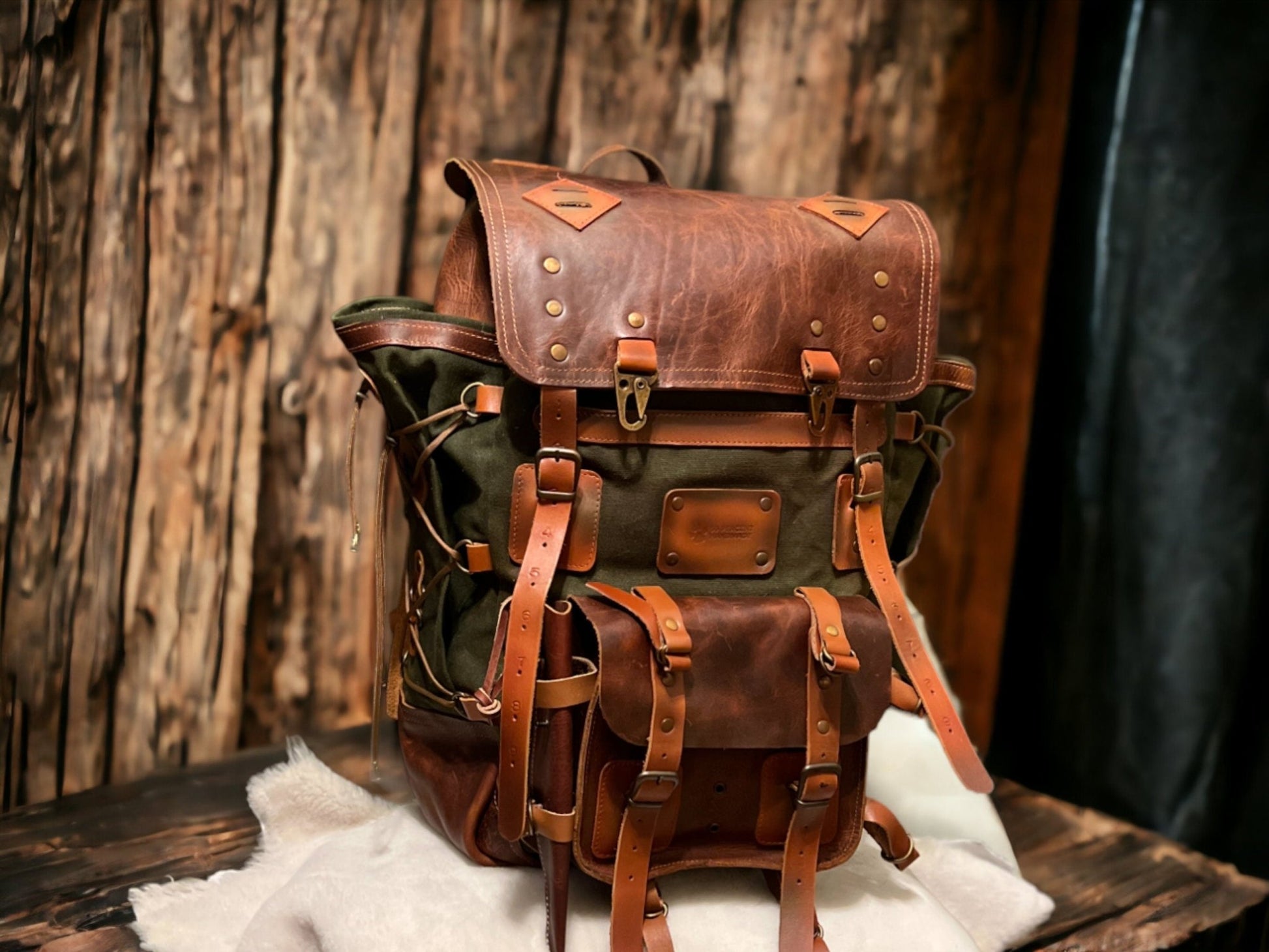 Model Name : Babylon Beige | Custom Leather-Canvas Backpack with Leather Flap, You can Redesign-Customize the item | 30 Liter to 80 Liter Options (Many variants Photos)) bushcraft - camping - hiking backpack 99percenthandmade   