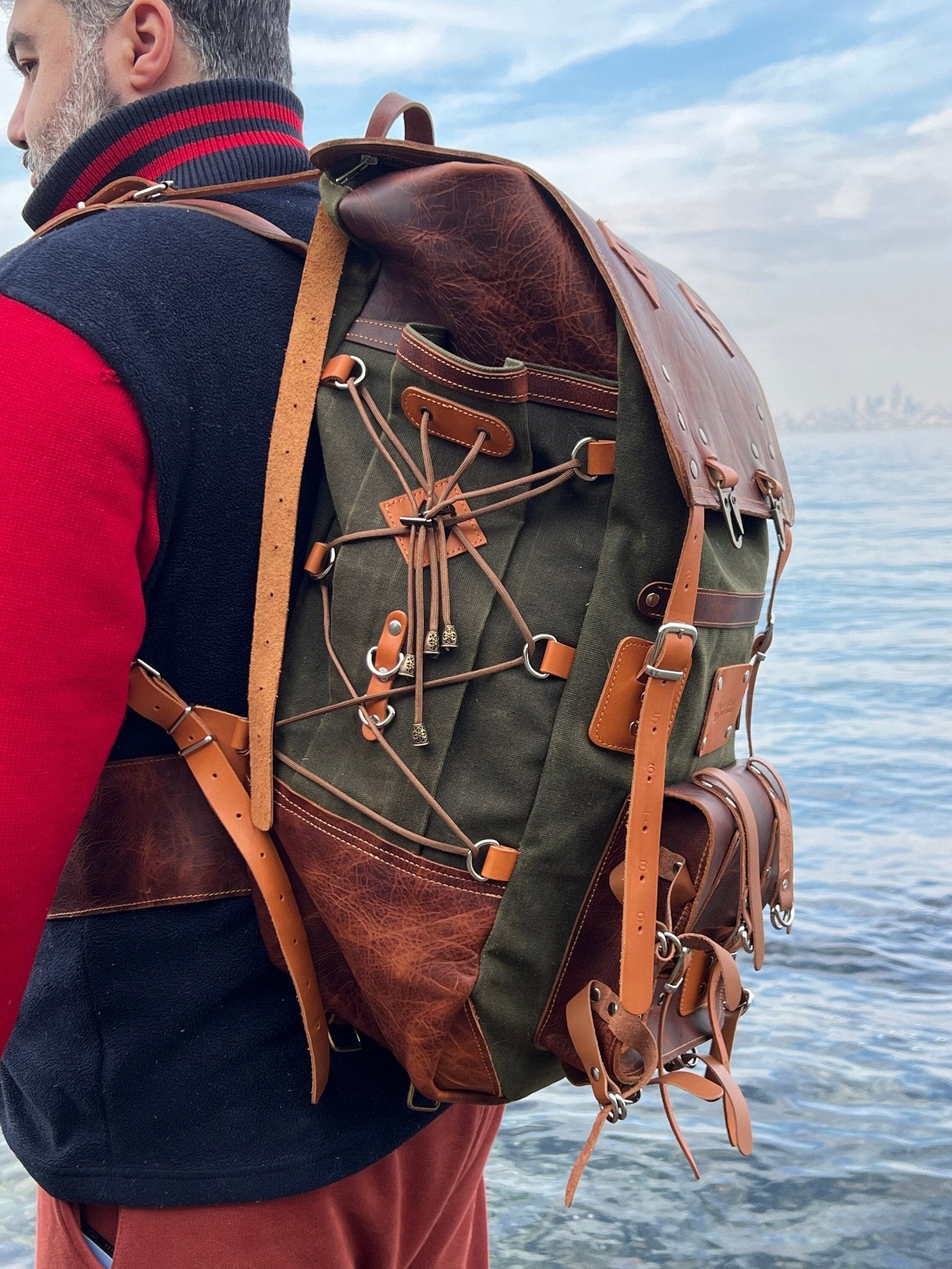 Model Name : Babylon Beige | Custom Leather-Canvas Backpack with Leather Flap, You can Redesign-Customize the item | 30 Liter to 80 Liter Options (Many variants Photos)) bushcraft - camping - hiking backpack 99percenthandmade   