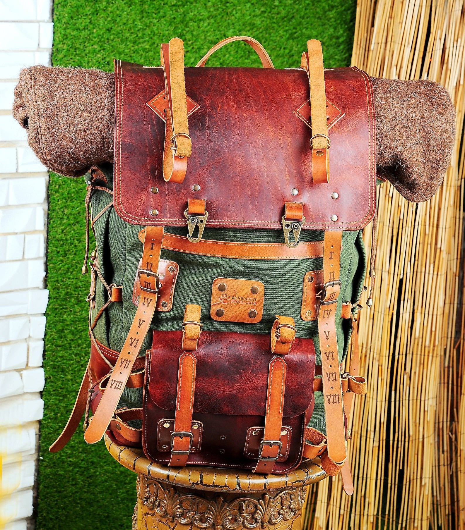 Model Name : Babylon Beige | Custom Leather-Canvas Backpack with Leather Flap, You can Redesign-Customize the item | 30 Liter to 80 Liter Options (Many variants Photos)) bushcraft - camping - hiking backpack 99percenthandmade   