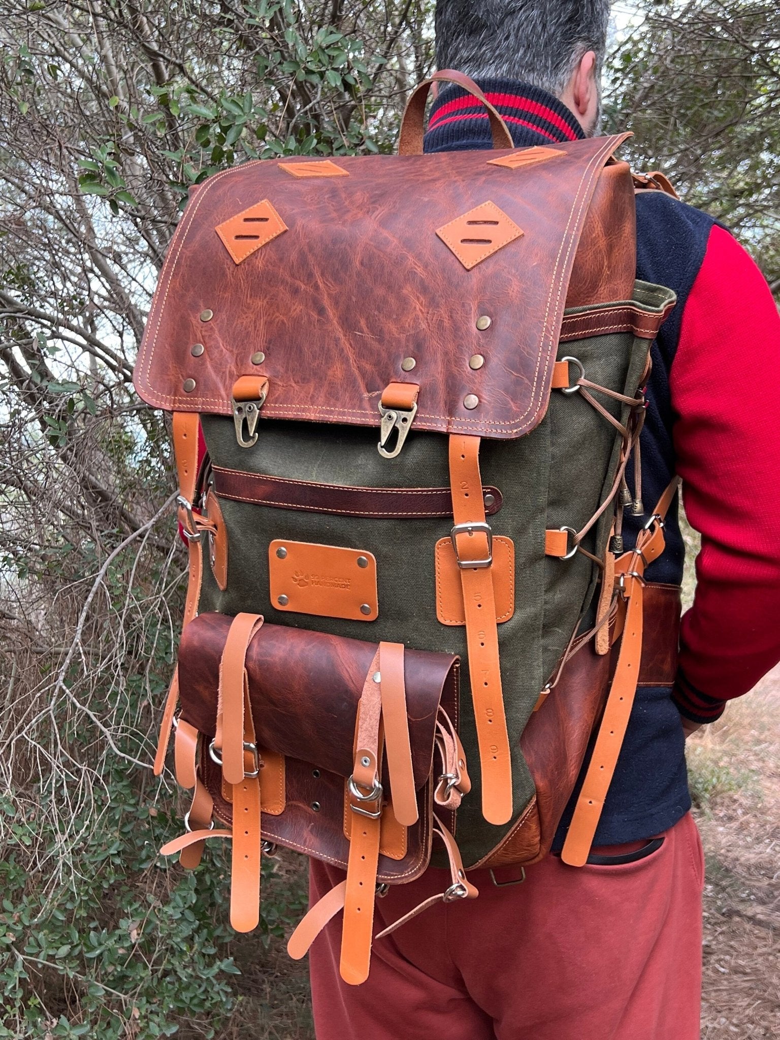 Model Name : Babylon Beige | Custom Leather-Canvas Backpack with Leather Flap, You can Redesign-Customize the item | 30 Liter to 80 Liter Options (Many variants Photos)) bushcraft - camping - hiking backpack 99percenthandmade   