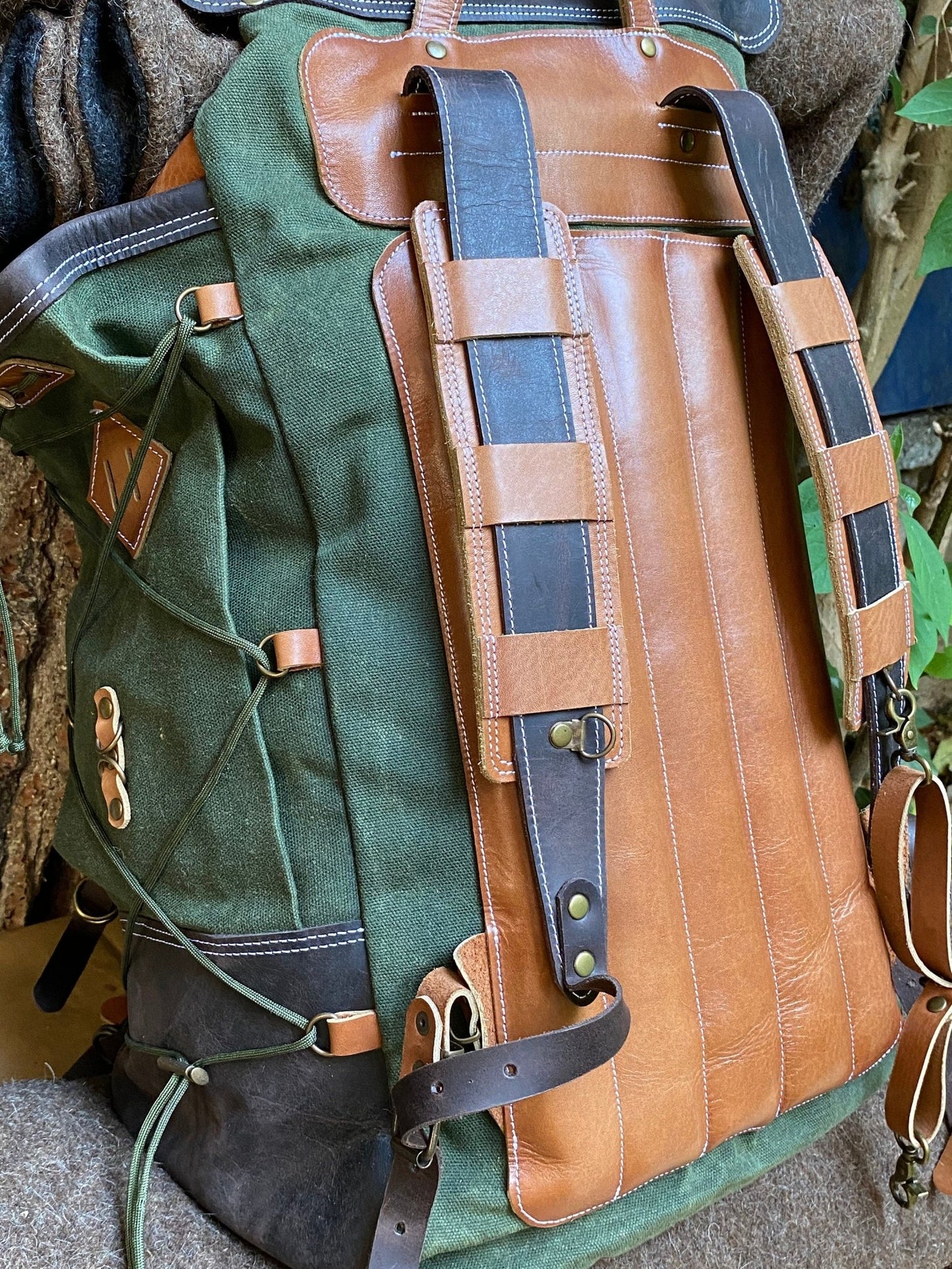 Model Name : Babylon Green | Custom Leather-Canvas Backpack with Leather Flap, You can Redesign-Customize the item | 30 Liter to 80 Liter Options (Many variants Photos) bushcraft - camping - hiking backpack 99percenthandmade   