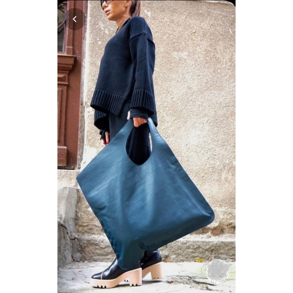 Modern Genuine Leather Handmade Oversized Asymmetrical Tote bag with w