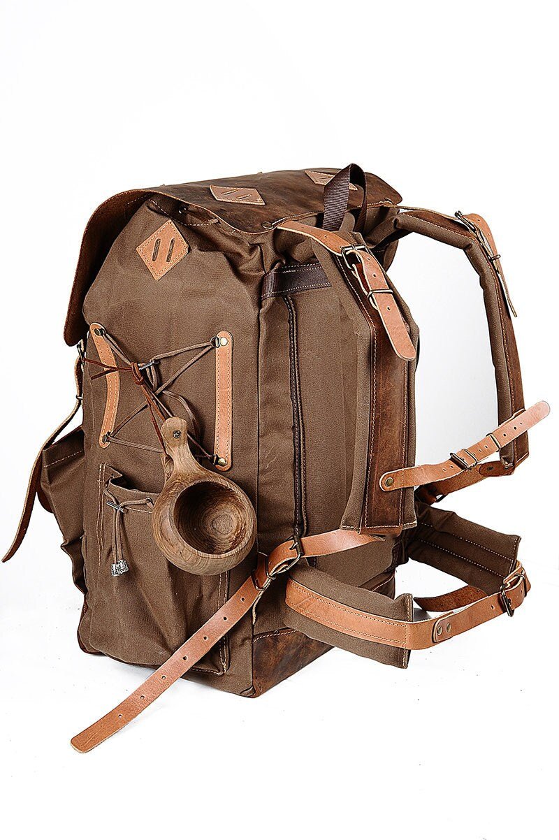 New Brown Handmade Wax Canvas and Genuine Leather Backpack for Travel, Camping, Fishing | 50 Liters | Personalization for your request  99percenthandmade   