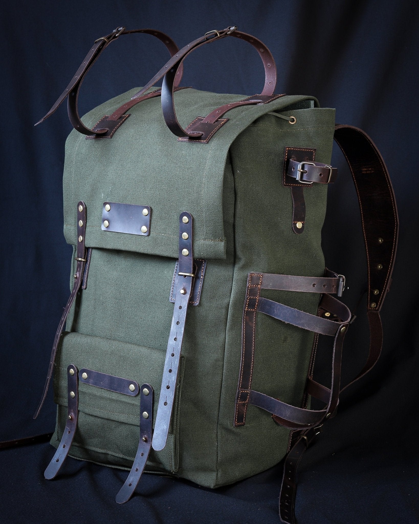 New Green Released Handmade Genuine Green Leather and Waxed Canvas Backpack for Travel, Camping | 40 Liter |   Personalization  99percenthandmade   