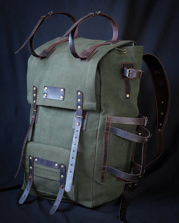 craftsman green canvas with leather trim backpack Leather-Canvas Backpack. Motorcycle,Camping,Bushcraft,Biking