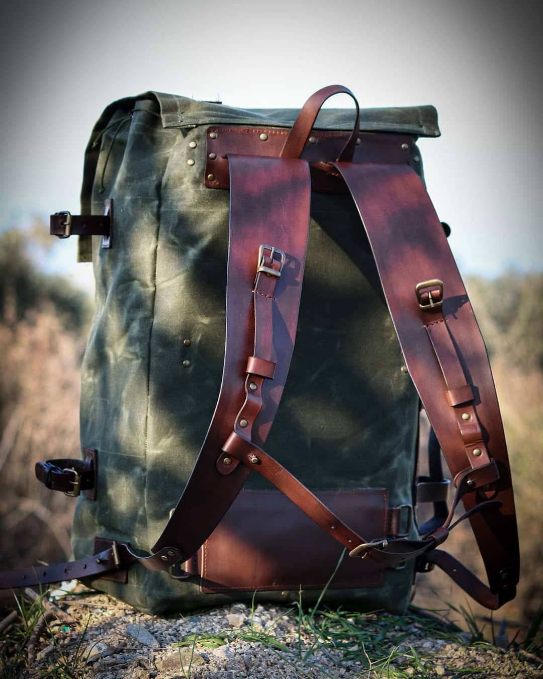 craftsman backpack green with leather on front and back Leather-Canvas Backpack. Motorcycle,Camping,Bushcraft,Biking