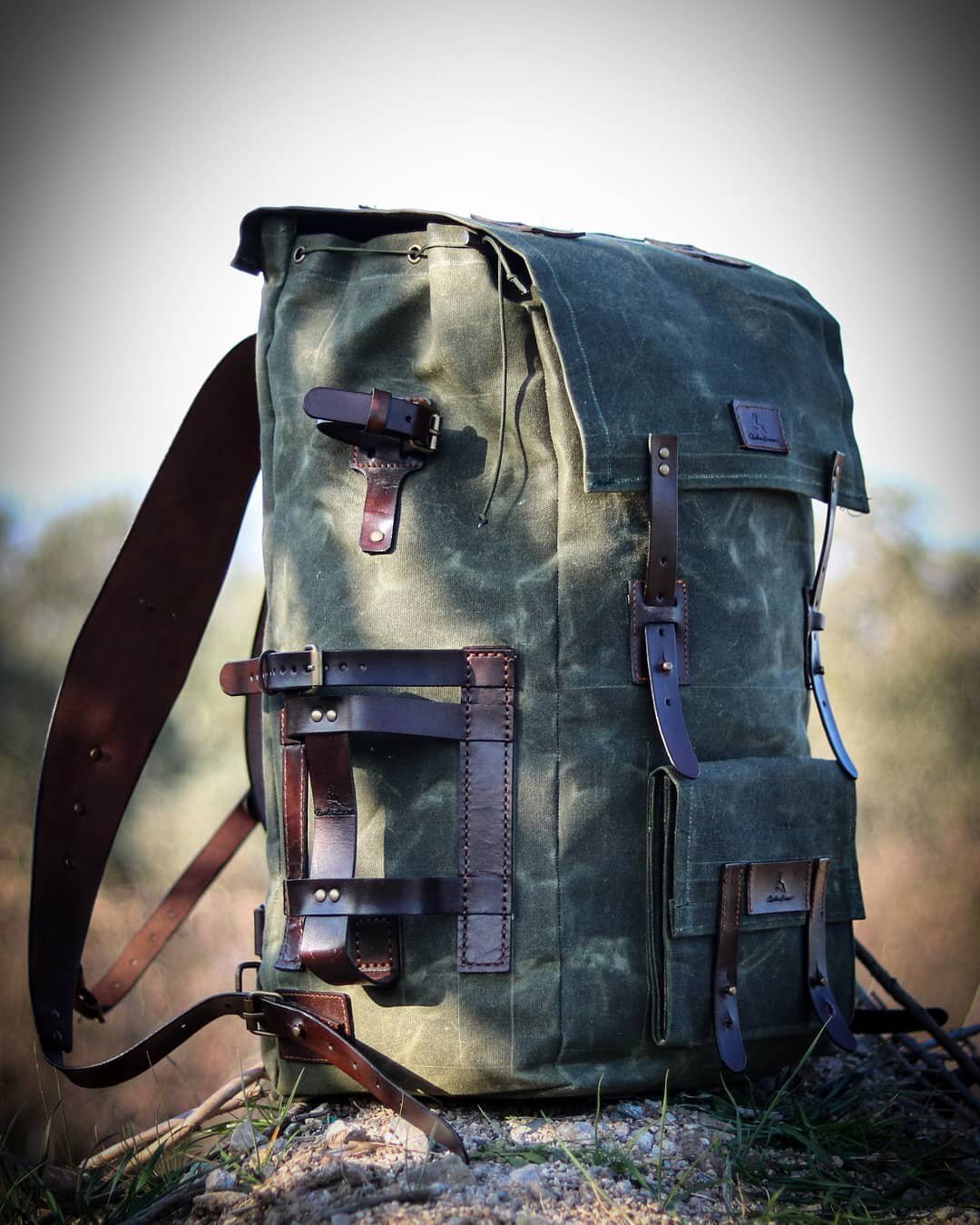 craftsman backpack green with leather on front and back Leather-Canvas Backpack. Motorcycle,Camping,Bushcraft,Biking