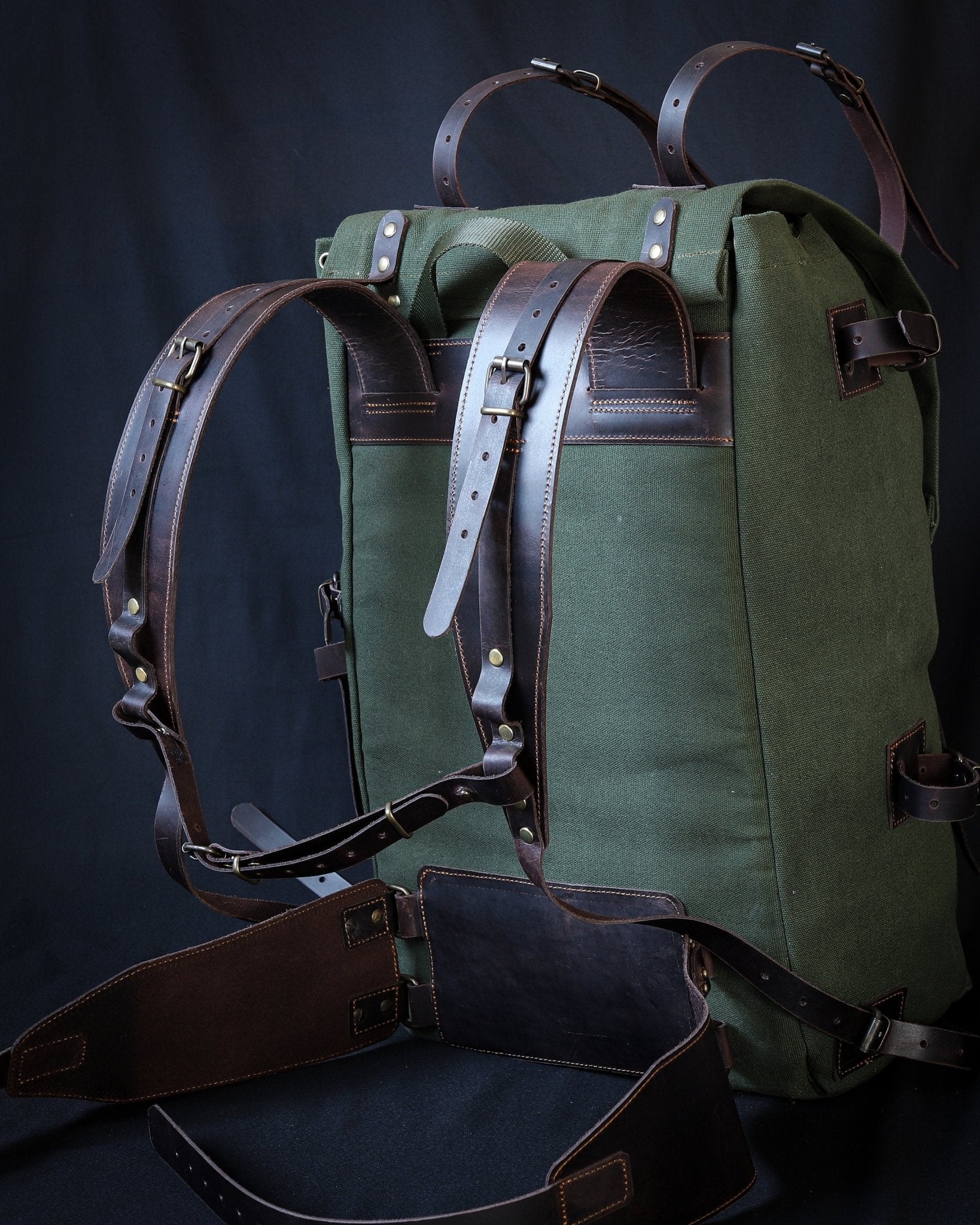 craftsman green canvas with leather trim backpack Leather-Canvas Backpack. Motorcycle,Camping,Bushcraft,Biking