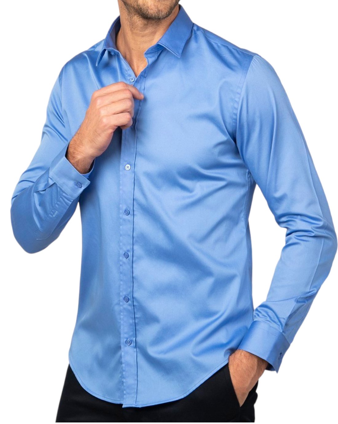 Slim Fit Long Sleeve Cotton Satin Blue Shirt 99percenthandmade   