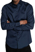 Slim Fit Long Sleeve Cotton Satin Navy blue Shirt 99percenthandmade   