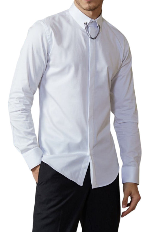 Slim Fit Long Sleeve Cotton Satin White, Needle Collar Shirt 99percenthandmade   