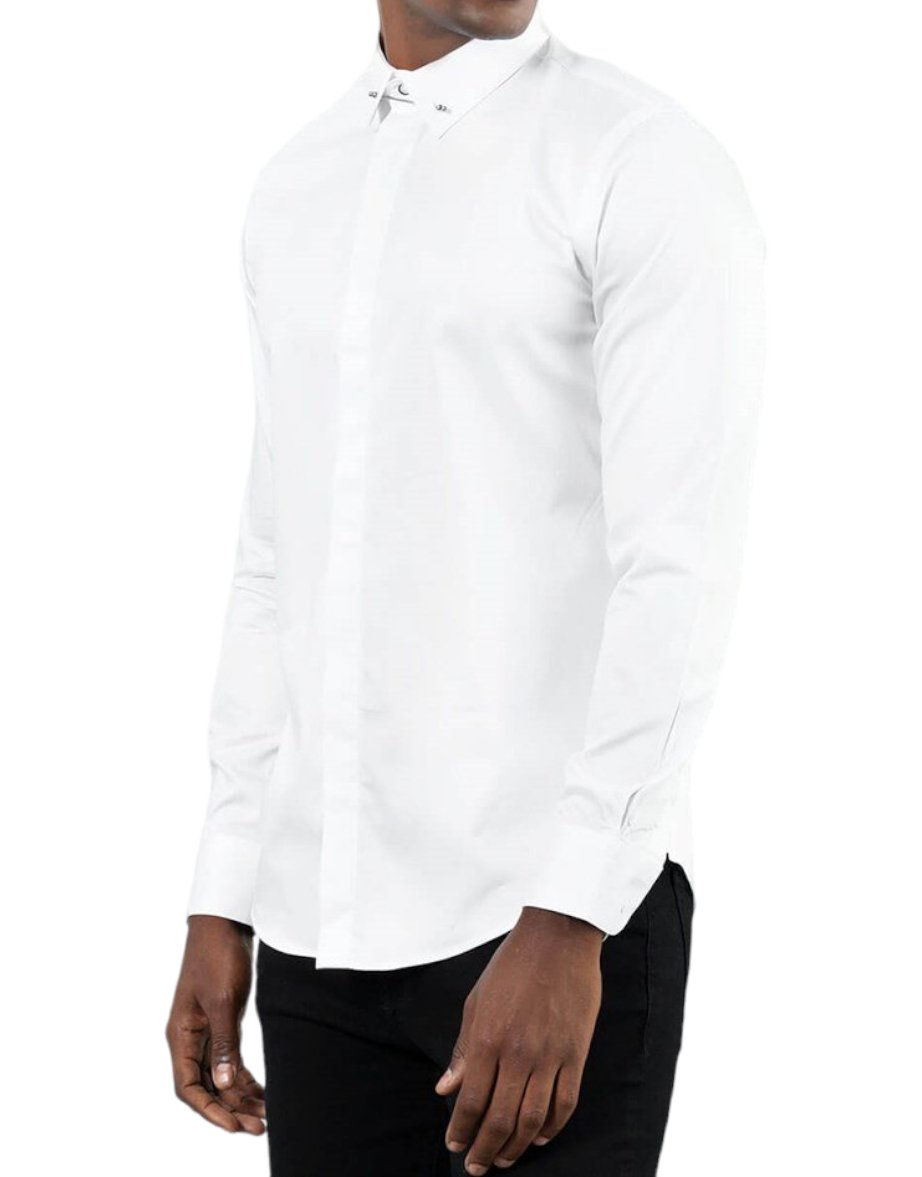 Slim Fit Long Sleeve Cotton Satin White, Needle Collar Shirt 99percenthandmade   