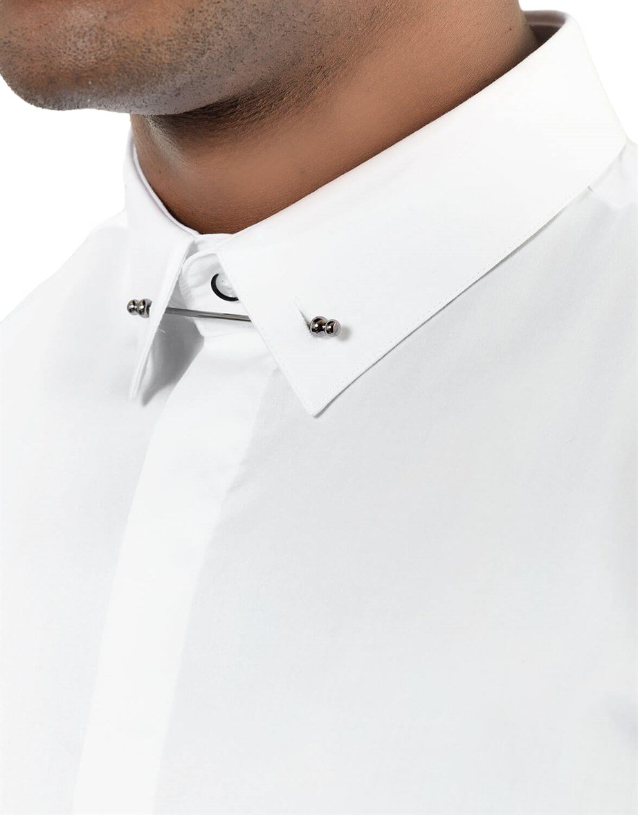 Slim Fit Long Sleeve Cotton Satin White, Needle Collar Shirt 99percenthandmade   