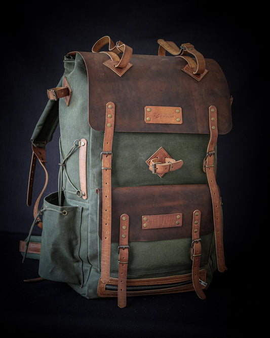 Tan or Brown Colour Options Handmade Leather Green and Waxed Canvas Backpack for | Travel | Bushcraft | Camping | 50 Liter | Personalization bushcraft - camping - hiking backpack 99percenthandmade 30 Brown 
