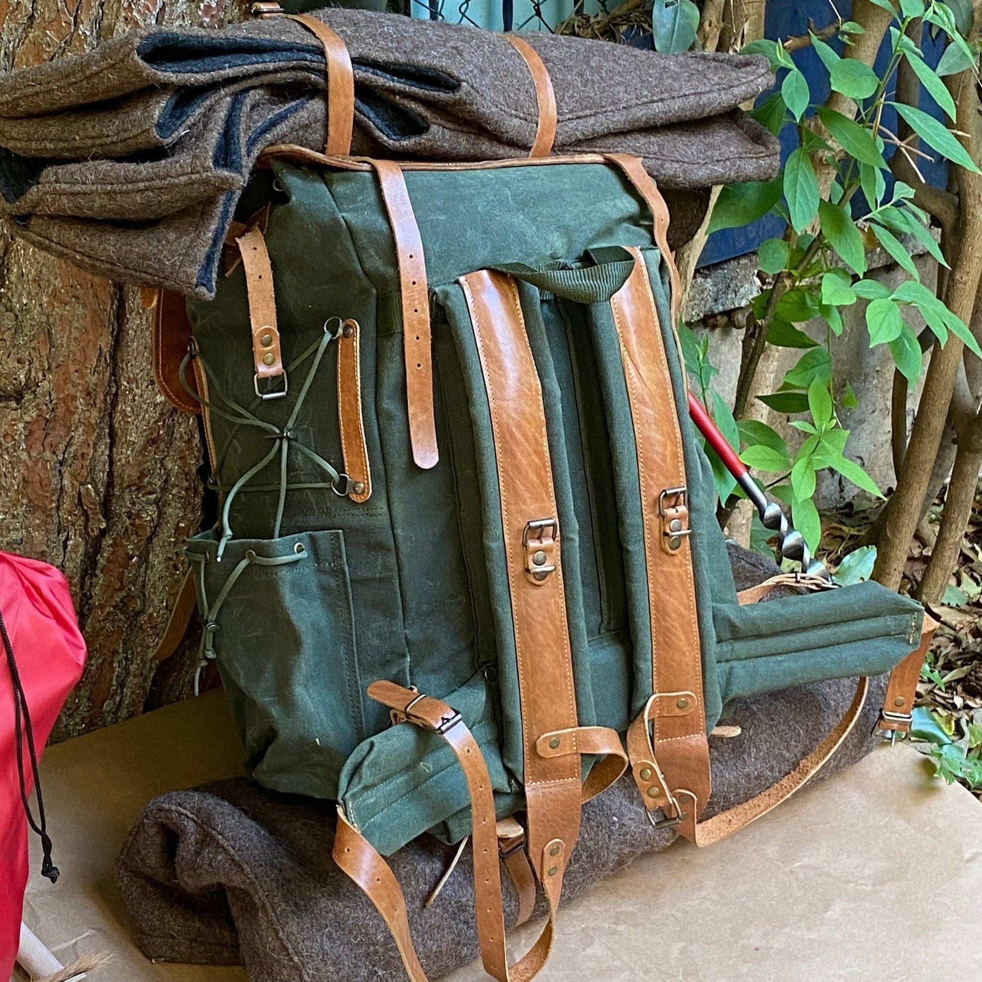 Tan or Brown Colour Options Handmade Leather Green and Waxed Canvas Backpack for | Travel | Bushcraft | Camping | 50 Liter | Personalization bushcraft - camping - hiking backpack 99percenthandmade   