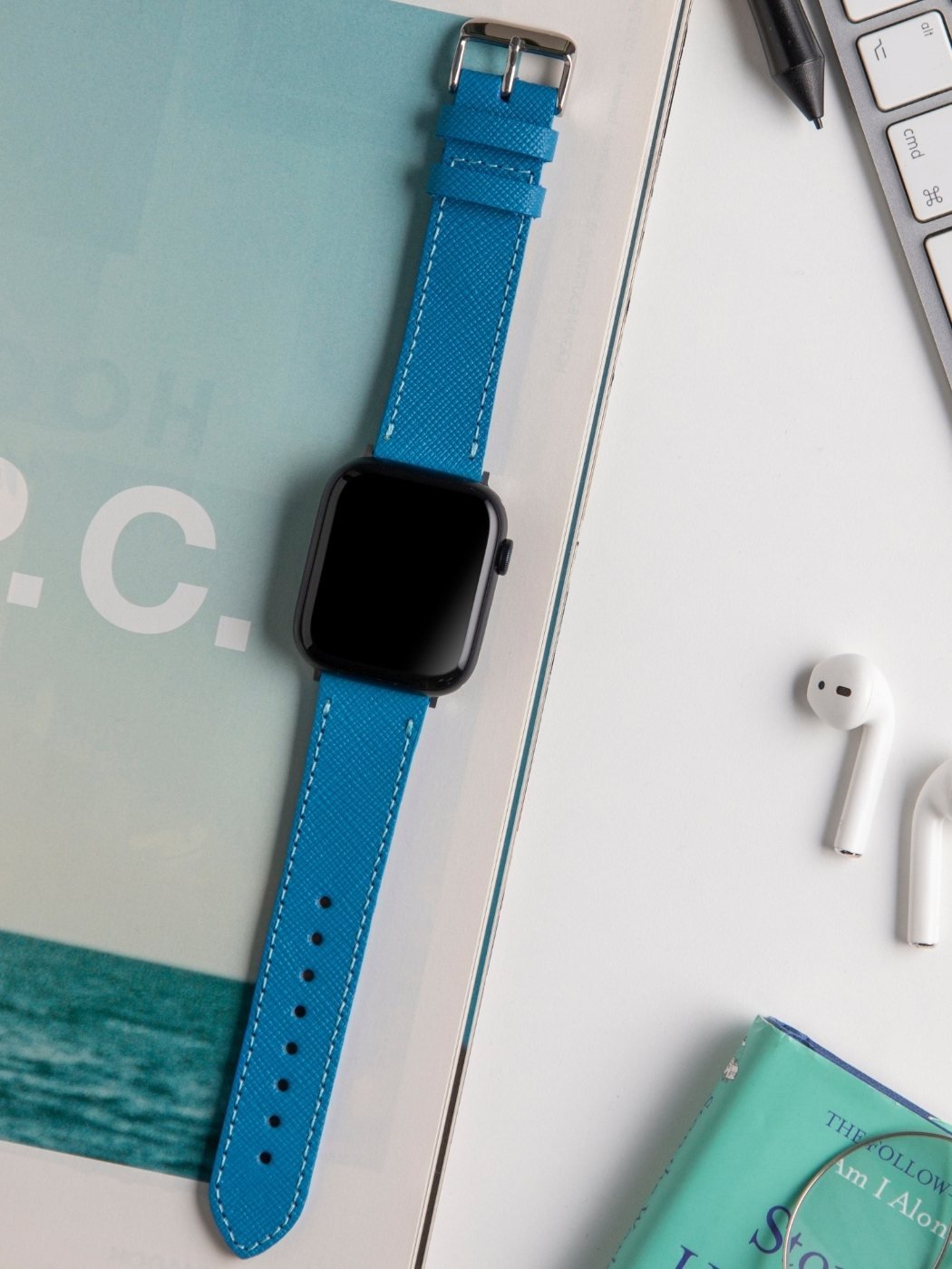 VegTan Blue Leather Apple Watch Strap  99percenthandmade   