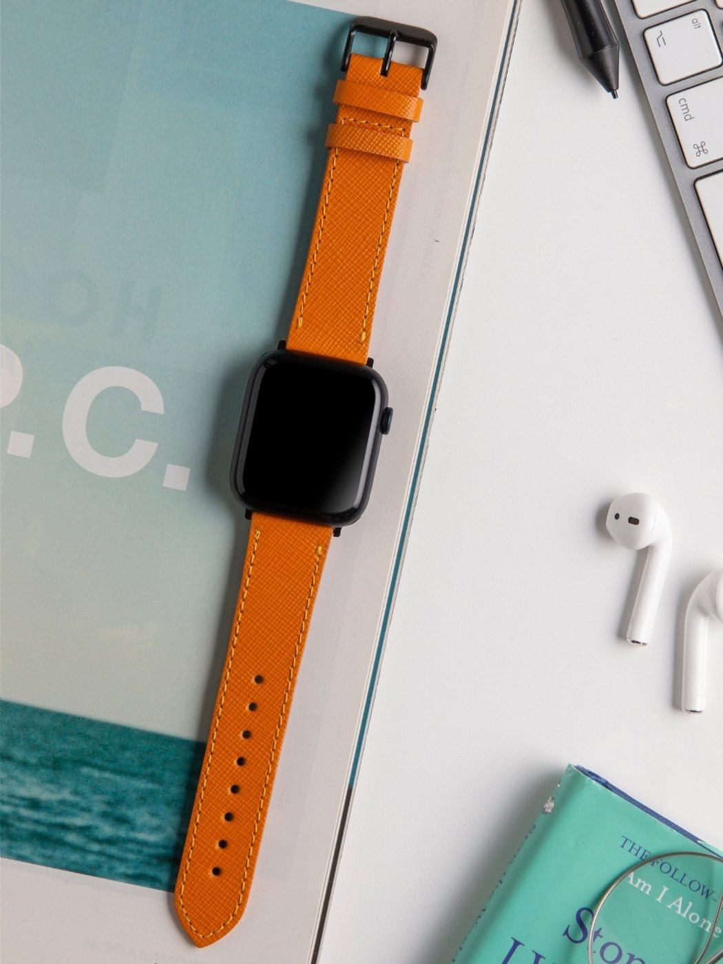 VegTan Orange Leather Apple Watch Strap  99percenthandmade   