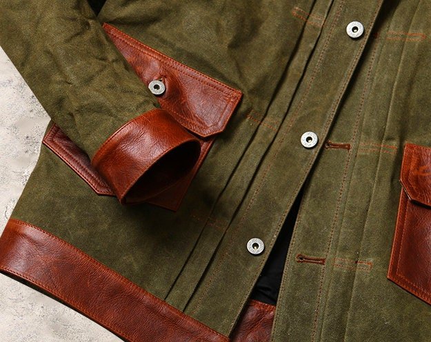 Waxed Canvas And Leather Jacket | Tailored to Your Size | Brown | Green |  Leather Jacket | Canvas Jacket | Gifts For Men  99percenthandmade   