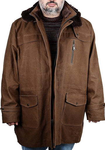 Waxed Canvas Leather and Fur  Long Coat | Tailored to Your Size | Brown | Green | removable hood  99percenthandmade   
