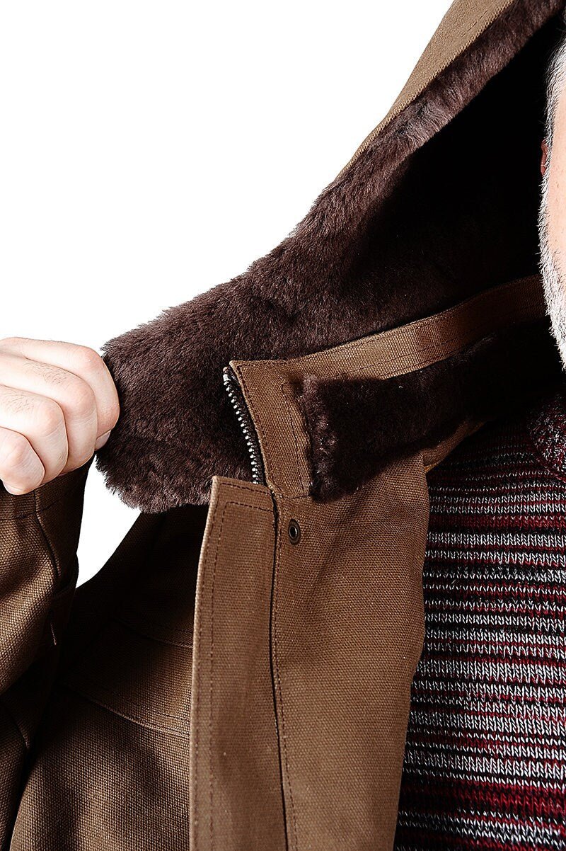 Waxed Canvas Leather and Fur  Long Coat | Tailored to Your Size | Brown | Green | removable hood  99percenthandmade   
