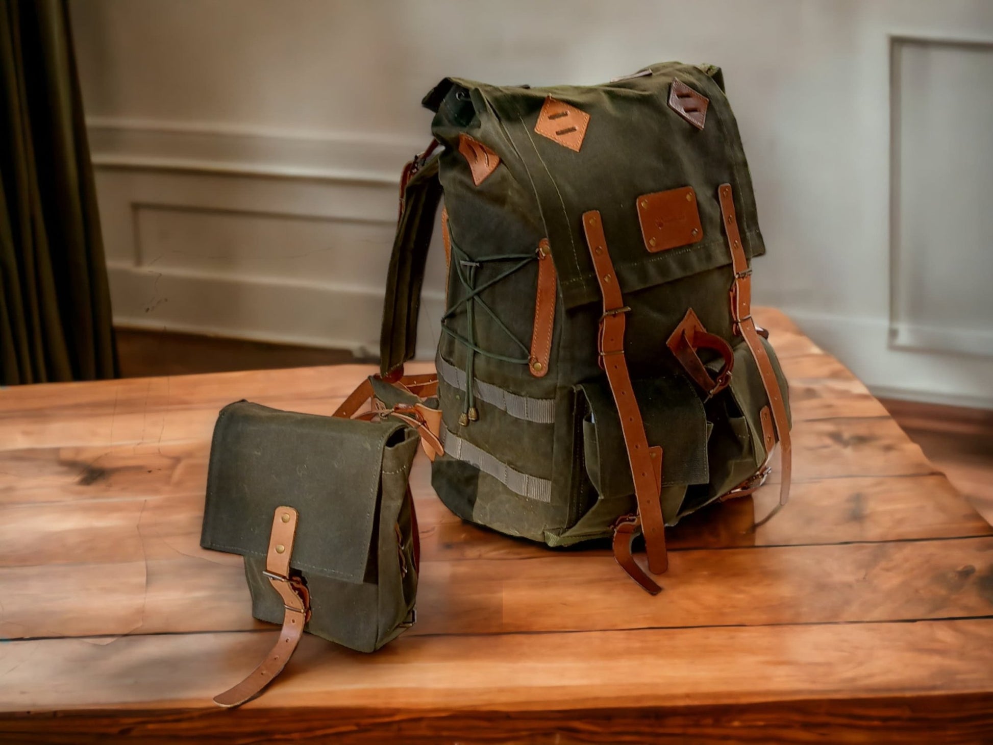 Waxed Canvas Leather Backpack | Detachable pouches suitable for your belt | 50 L | Daily Use | Bushcraft, Travel, Camping, Hunting, Fishing  99percenthandmade   